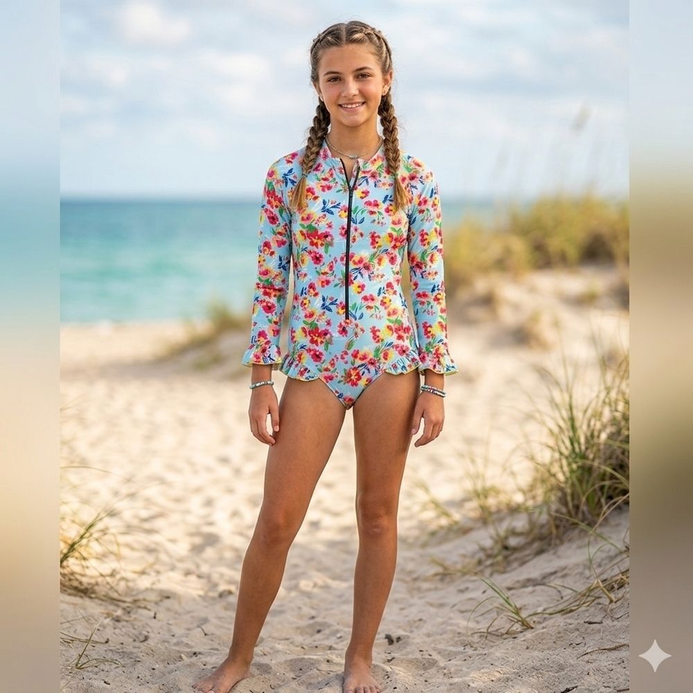 Girls Blue Floral One Piece Long Sleeve Ruffle Swimsuit Size 3XL - Picture 2 of 7